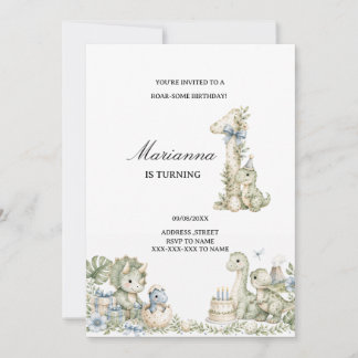 Pastel blue Watercolor Dinosaur 1st Birthday Invitation