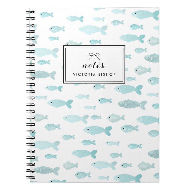 Pastel Blue Watercolor Fish Pattern Personalized Notebook (Front)