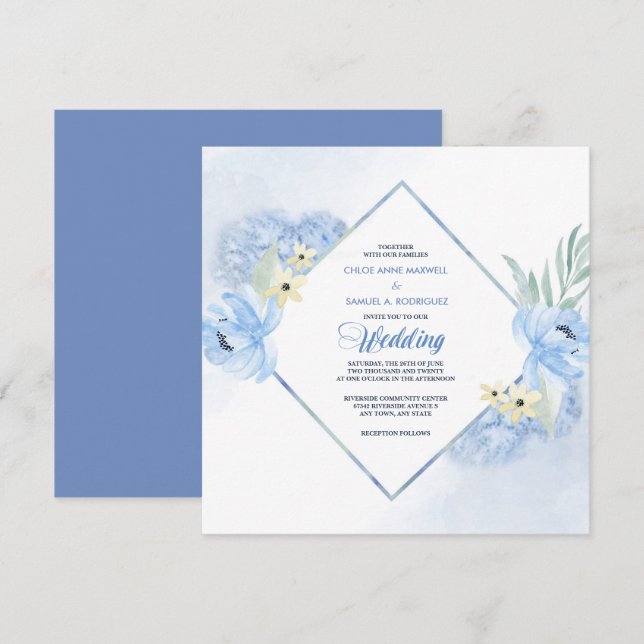 Pastel Blue Watercolor Floral Frame Wedding Invite (Front/Back)