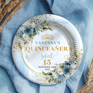 Pastel Blue Watercolor Floral Gold Quinceañera  Paper Plates