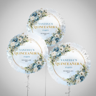 Pastel blue watercolor florals gold quinceañera  balloon