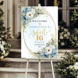 Pastel blue watercolor florals gold sweet sixteen poster
