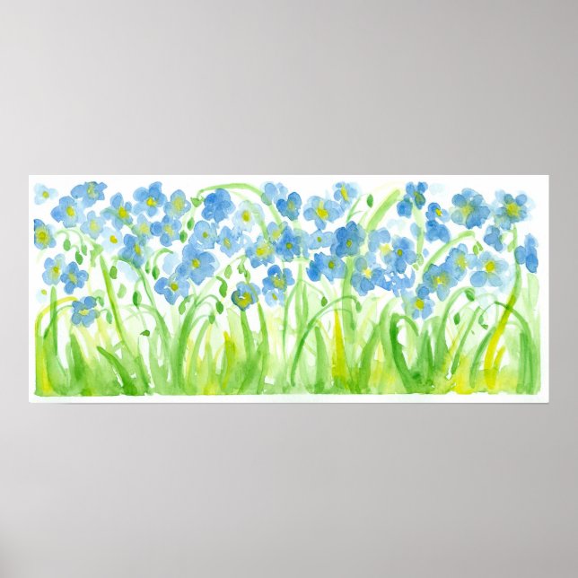 Pastel Blue Watercolor Flowers Painting Poster (Front)