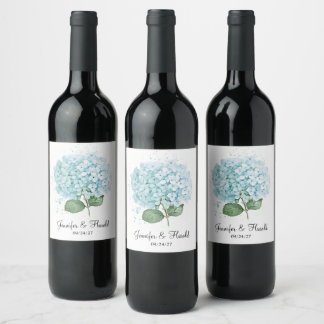 Pastel Blue Watercolor Hydrangea Flower Wedding Wine Label