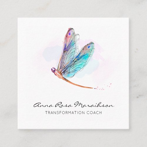  Pastel Blue Watercolor Pink Dragonfly Business Square Business Card