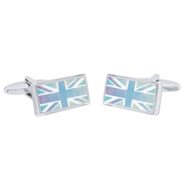 Pastel Blue Watercolor Union Jack Flag Cufflinks (Angled)