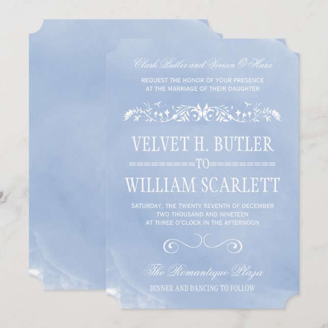 Pastel Blue Watercolor Wedding Invitations (Front/Back)