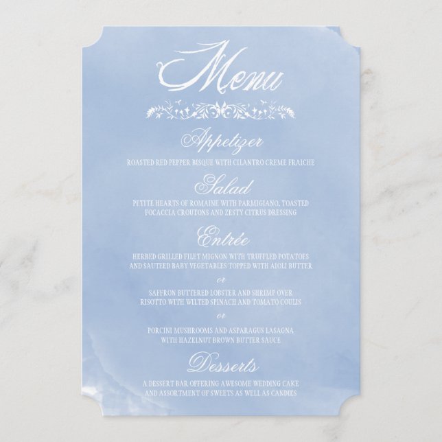Pastel Blue Watercolor Wedding Menu Cards (Front)