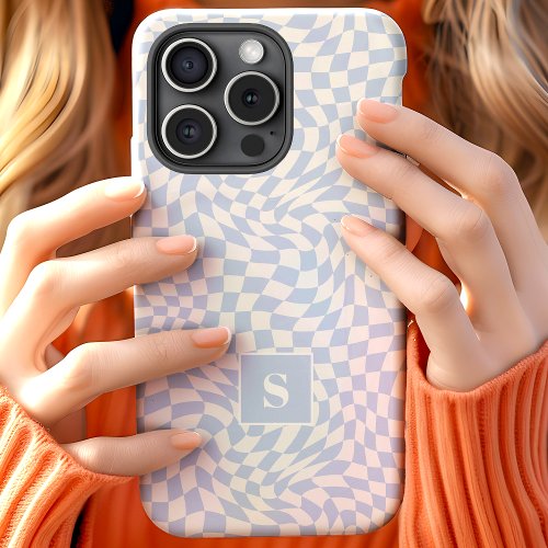 Pastel Blue Wavy Checkered Monogrammed iPhone 15 Case