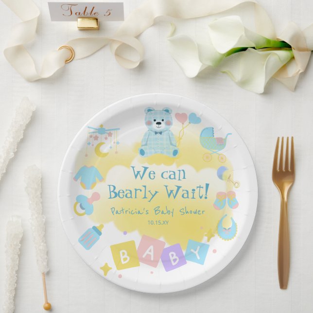 Pastel Blue We Can Bearly Wait Cute Baby Shower Paper Plates (Wedding)