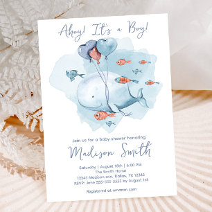 Pastel Blue Whale Ahoy Under the Sea Baby Shower Invitation