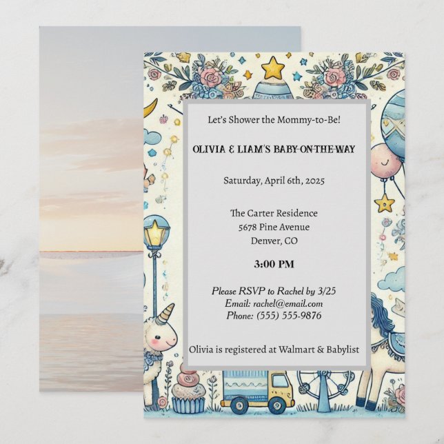 Pastel Blue Whimsical Baby Shower Invitation (Front/Back)