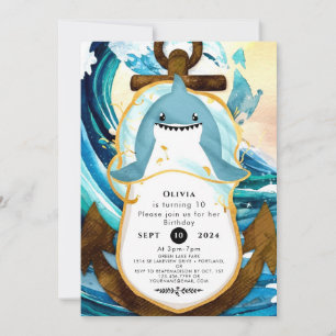 Pastel Blue Whimsical Shark Birthday Invitation