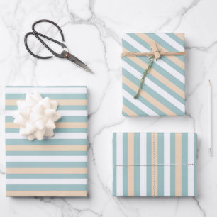 Pastel blue, white and blush stripes wrapping paper sheets