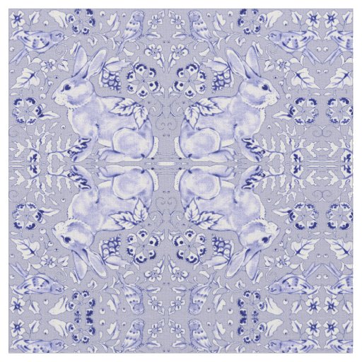 Pastel Blue & White Bunny Rabbit Bird Small Print Fabric