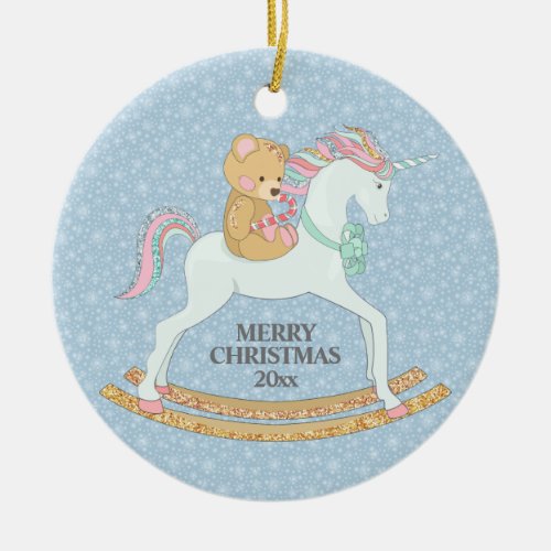 Pastel Blue White Christmas Unicorn Rocking Horse Ceramic Ornament