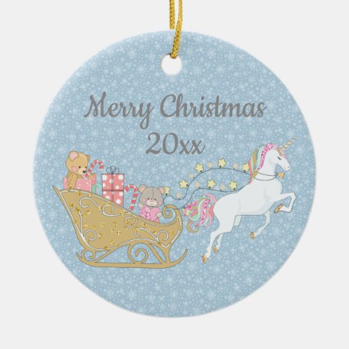 Pastel Blue White Christmas Unicorn Santas Sleigh Ceramic Ornament