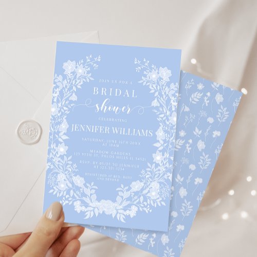 Pastel blue white floral classic Bridal Shower Invitation