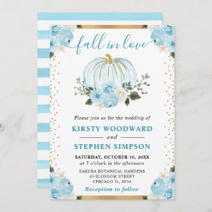 Pastel Blue & White Floral Pumpkins Fall Wedding Invitation
