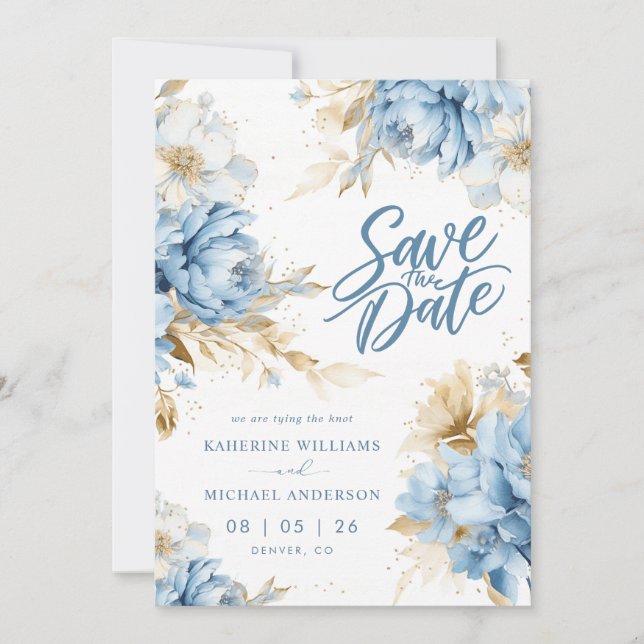 Pastel Blue White Flower Save The Date Invitations (Front)