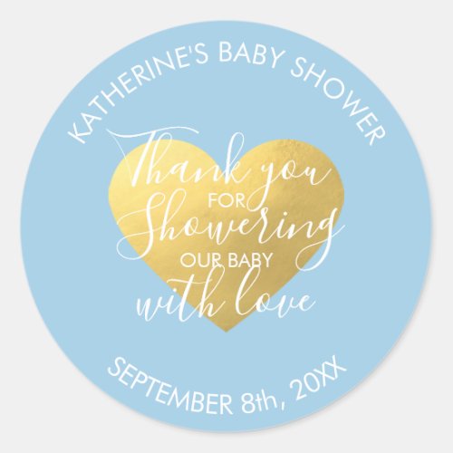 Pastel Blue White Gold Foil Heart Baby Shower Classic Round Sticker