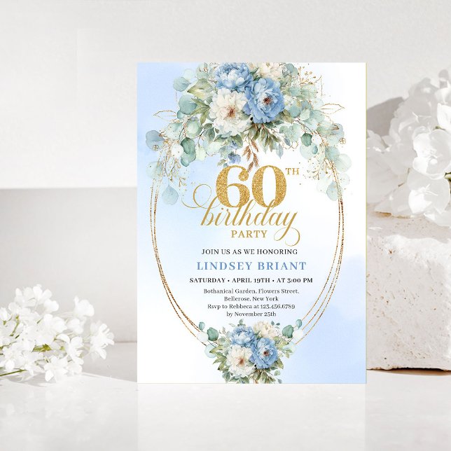 Pastel blue white peony floral gold 60th birthday  invitation (Pastel blue white peony floral gold 60th birthday invitation

)