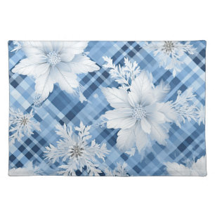 PASTEL BLUE & WHITE PLAID WITH POINTSETTIAS CLOTH PLACEMAT