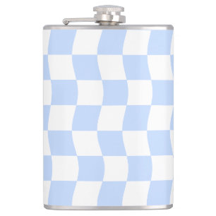 Pastel Blue White Retro Checkerboard Pattern Flask