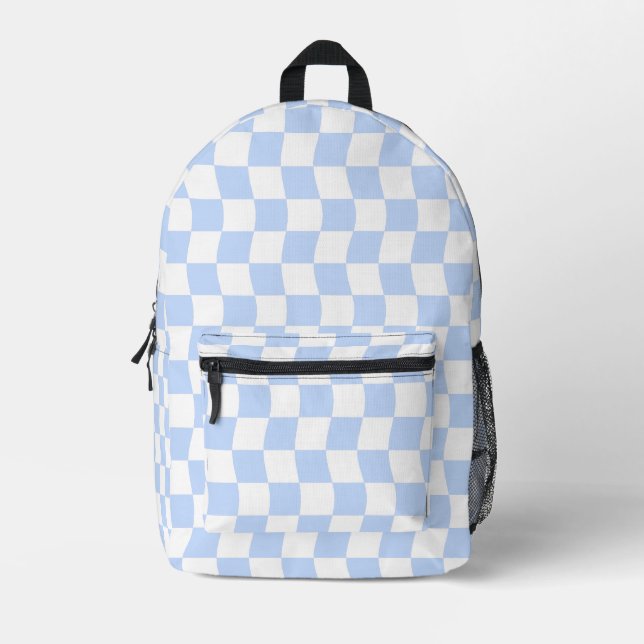 Pastel Blue White Retro Checkerboard Pattern Printed Backpack (Front)