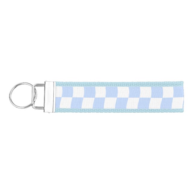 Pastel Blue White Retro Checkerboard Pattern Wrist Keychain (Keys on Left)