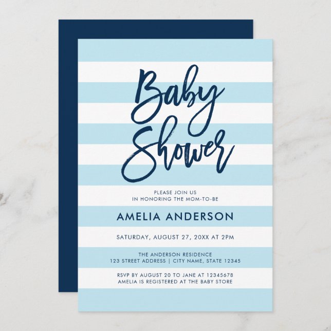 Pastel Blue & White Stripes Blue Baby Shower Invitation (Front/Back)