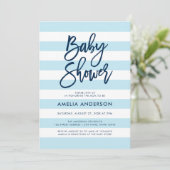 Pastel Blue & White Stripes Blue Baby Shower Invitation (Standing Front)