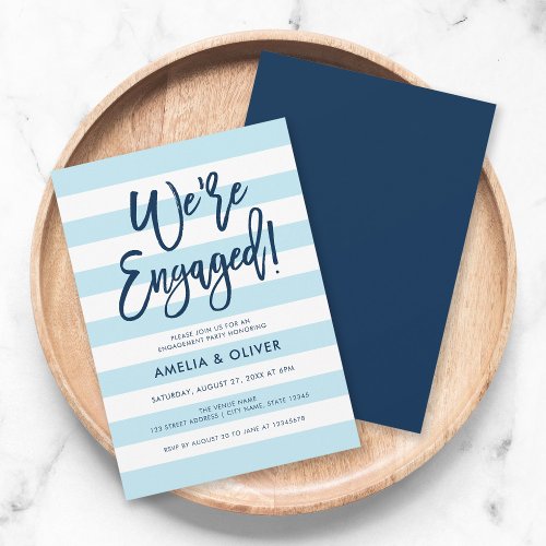 Pastel Blue  White Stripes Blue Engagement Party Invitation