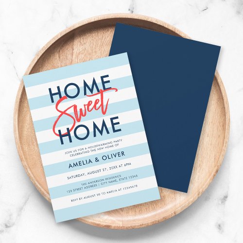 Pastel Blue  White Stripes Housewarming Party Invitation