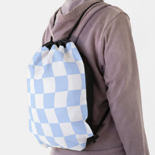 Pastel Blue White Wavy Checkerboard Pattern Drawstring Bag