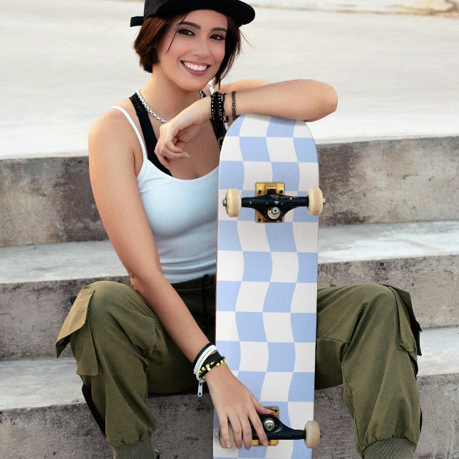 Pastel Blue White Wavy Checkerboard Pattern Skateboard (Pastel Blue White Wavy Checkerboard Pattern Skateboard)