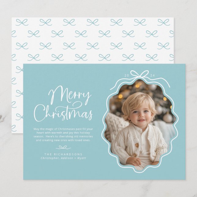 Pastel Blue White Wavy Retro Photo Holiday Card (Front/Back)