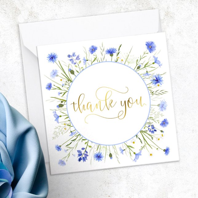Pastel Blue Wildflower Gold Script Thank You Note Card (Creator Uploaded)