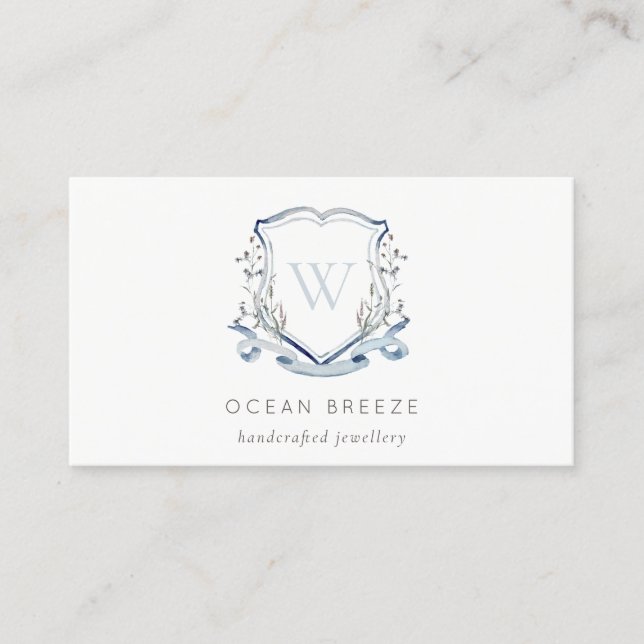 Pastel Blue Wildflower Watercolor Crest Monogram Business Card (Front)