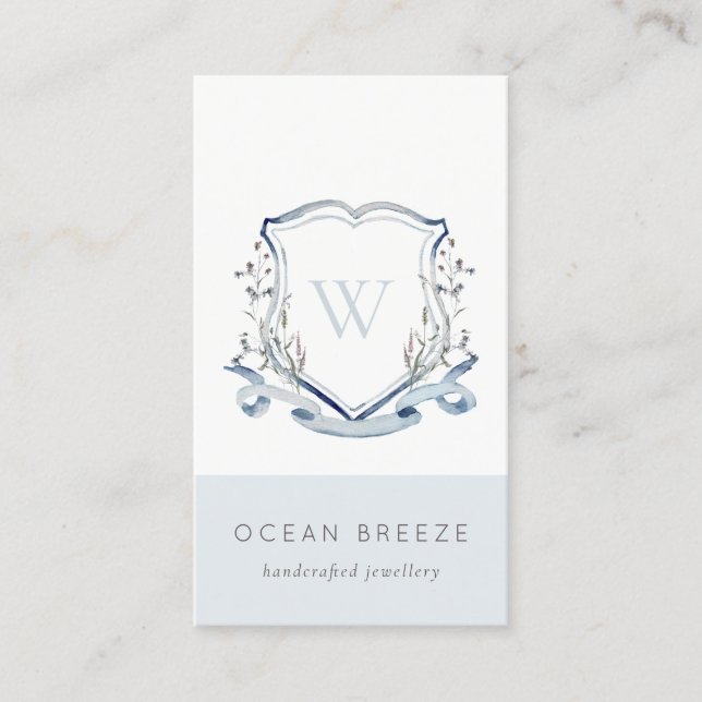 Pastel Blue Wildflower Watercolor Crest Monogram Business Card (Front)