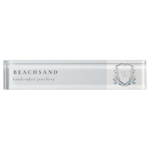 Pastel Blue Wildflower Watercolor Crest Monogram Desk Name Plate