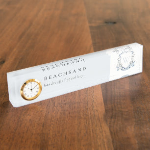 Pastel Blue Wildflower Watercolor Crest Monogram Desk Name Plate