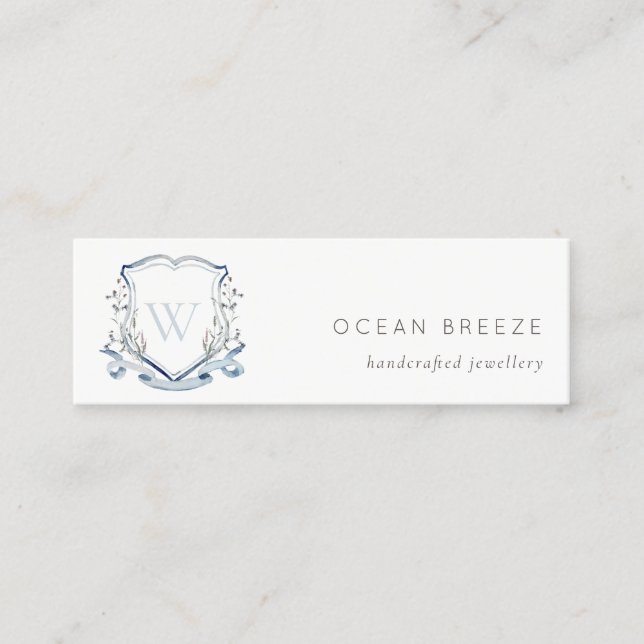 Pastel Blue Wildflower Watercolor Crest Monogram Mini Business Card (Front)