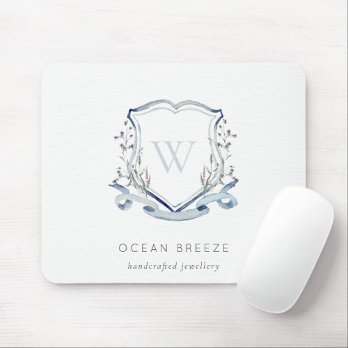 Pastel Blue Wildflower Watercolor Crest Monogram Mouse Pad