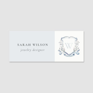 Pastel Blue Wildflower Watercolor Crest Monogram Name Tag