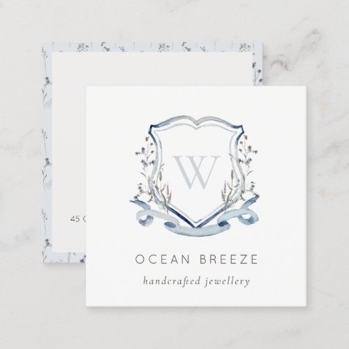 Pastel Blue Wildflower Watercolor Crest Monogram Square Business Card