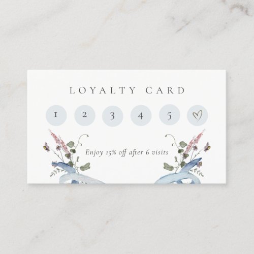 Pastel Blue Wildflower Watercolor Ribbon Loyalty Business Card
