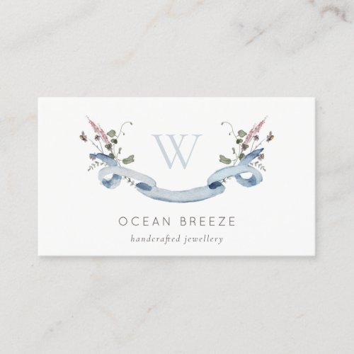 Pastel Blue Wildflower Watercolor Ribbon Monogram Business Card