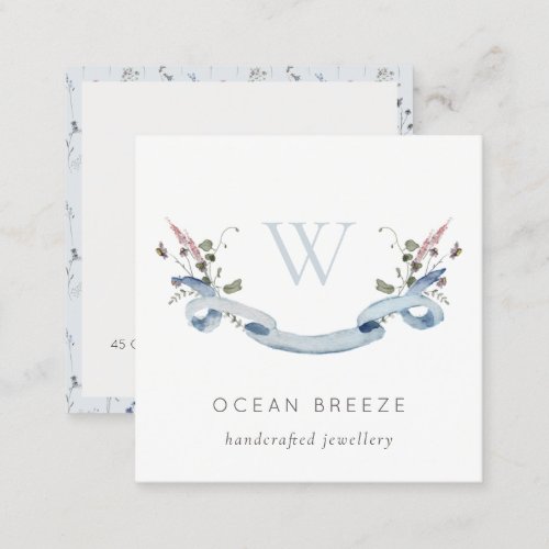 Pastel Blue Wildflower Watercolor Ribbon Monogram Square Business Card