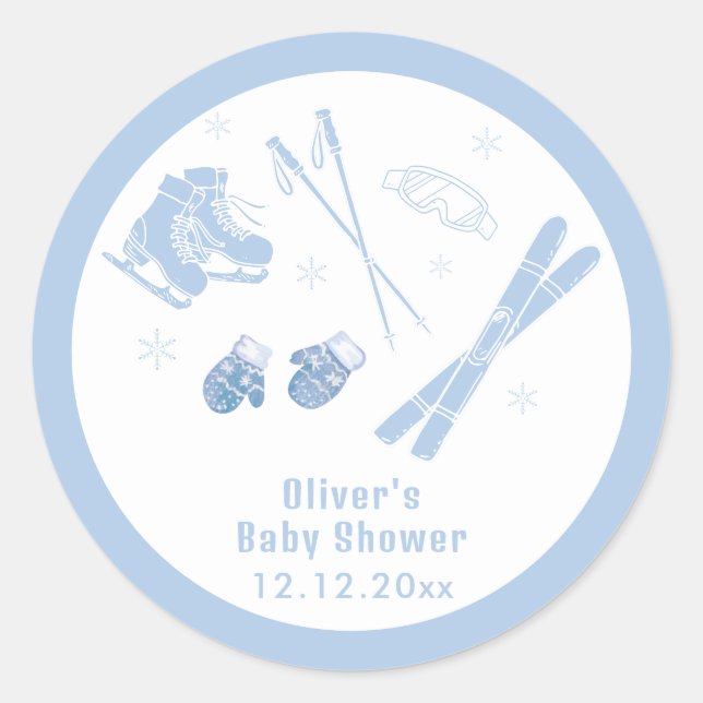 Pastel Blue Winter Après Bébé Ski Boy Baby Shower  Classic Round Sticker (Front)